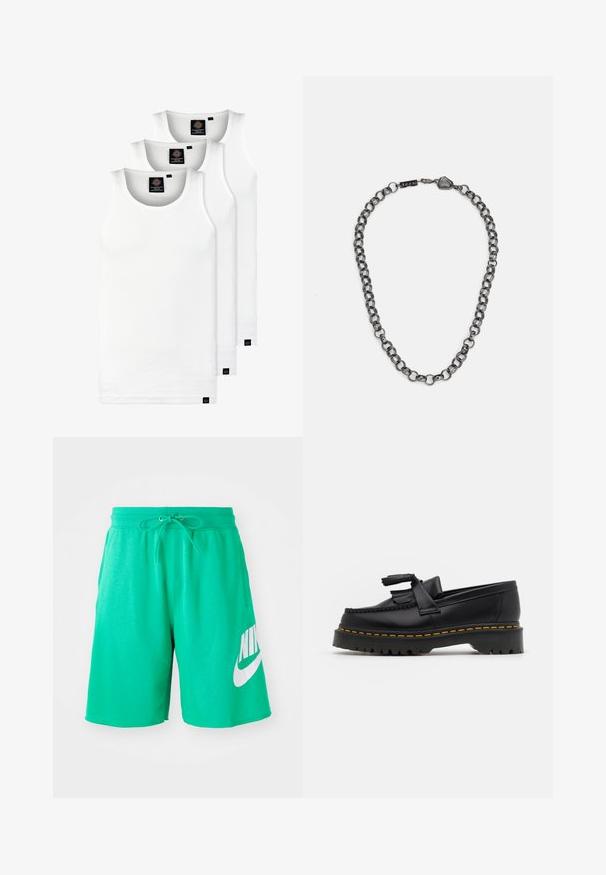 Tri biele rebrované tielka vyrobené z bavlny. Majú okrúhly výstrih a malé čierne štítky pri leme. Dostupné v rôznych veľkostiach.; Zelené bavlnené šortky s elastickým pásom, šnúrkou a veľkým bielym logom Nike na ľavom stehne. Hladká textúra, strih po kolená.; Čierne kožené loafre s detailom na strapcoch, s masívnou čiernou podrážkou a žltým prešitím pozdĺž okraja. S textúrovaným povrchom.; Kovová retiazka na krk s predĺženými článkami v tmavej gunmetalovej farbe. Obsahuje geometrický akcent a uzáver s detailom značky.