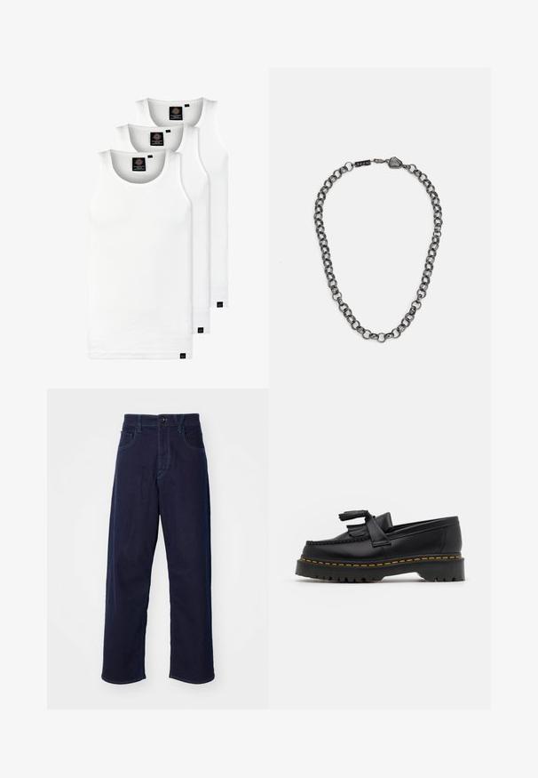 Three white ribbed tank tops made of cotton. Features a crew neck and small black labels near the hem. Available in multiple sizes.; Dark blue denim pants with a straight leg cut, featuring a front button closure, belt loops, and contrasting stitching details.; Black leather loafer with a tasseled accent, featuring a chunky black sole and yellow stitching along the edge. Textured finish.; Metal chain necklace with elongated links in a dark gunmetal color. Features a geometric accent and clasp with branding detail.