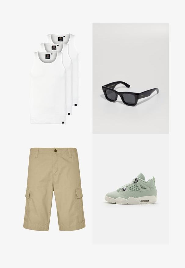 Drie witte geribde tanktops van katoen. Kenmerken zijn een ronde hals en kleine zwarte labels nabij de zoom. Verkrijgbaar in meerdere maten.; Beige cargoshorts van lichtgewicht stof, met een vlakke voorkant, zijzakken en een textuurpatroon, ontworpen voor casual draagcomfort.; Lichtgroene sneaker met leren bovenkant, meshpanelen, witte zool en opvallende accenten. Voorzien van veters en luchtkussen in de hiel.; Zwarte zonnebril met een glanzende afwerking, rechthoekig frame, donkere lenzen en gouden logo-accenten op de pootjes. Twee gouden stippen op elke voorkant hoek.; Gouden metalen ketting met grote, in elkaar grijpende schakels en een veilige sluiting. Gladde, glanzende oppervlakte met een gepolijste afwerking.