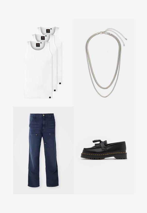 Három fehér csíkos pamut trikó. Felső része kerek nyakkivágású, és a szegély közelében kis fekete címkék találhatók. Több méretben elérhető.; Sötétkék cargo nadrág, amely denim anyagból készült, egyenes szárú kialakítással, elülső zsebekkel és arany színű gomb díszítéssel.; Fekete bőr mokaszin, rojtos díszítéssel, masszív fekete talppal és sárga varrással az élén. Texturált felület.; Háromrétegű ezüstszínű fém nyaklánc, letisztult, rugalmas láncokkal, enyhe fényességgel, homárkapoccsal rögzítve és állítható lánccal.