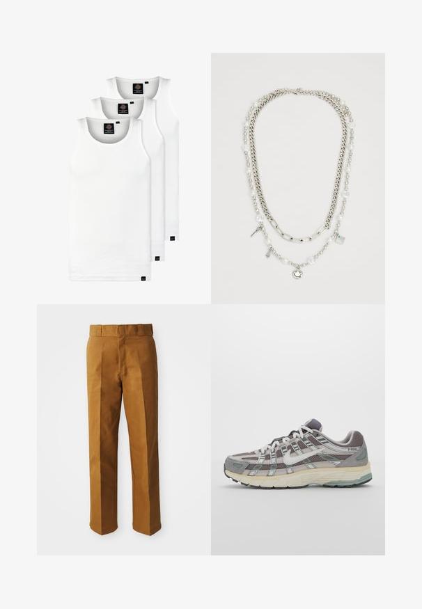 Tri bele rebraste majice brez rokavov iz bombaža. Imajo okroglo izreza in majhne črne etikete blizu roba. Na voljo v več velikostih.; Rjave, krojene hlače z gladko teksturo, z naravnim krojem nogavic, naborki na sprednji strani in standardnim pasom.; Sive športne čevlje z zgornjim delom iz mrežastega in semiš materiala, belimi akcenti, oblazinjenim podplatom ter edinstvenim dizajnom z odsevnimi elementi.; Večplastna ogrlica z uporabljenimi srebrnimi verigami in bisernimi kroglicami ter dodatki, vključno s ključi in kvadratnim obeskom. Gladka textura z bleščečo površino.