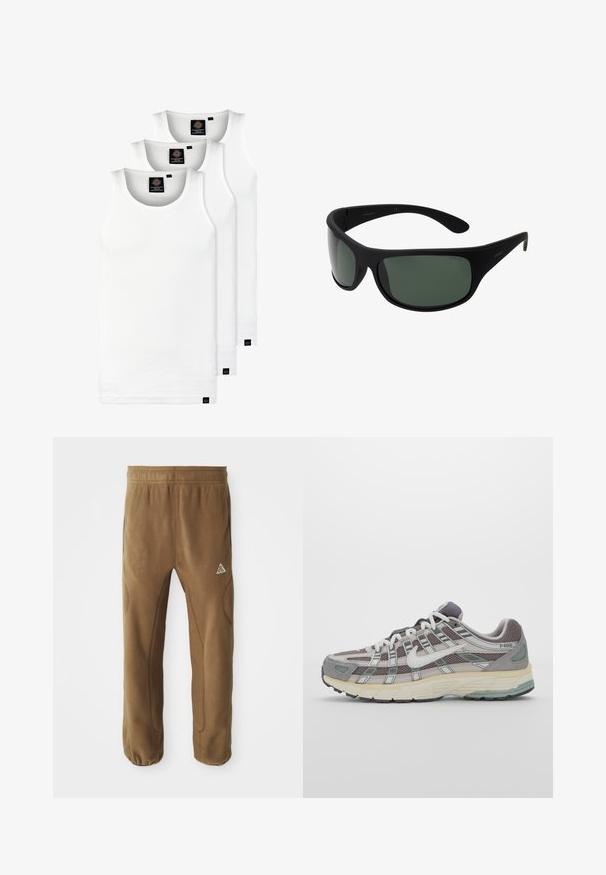 Tre hvite ribbestrikkede tank topper laget av bomull. Har en rund hals og små svarte etiketter nær kanten. Tilgjengelig i flere størrelser.; Brune fleecebukser med avslappet passform, med innsvingt ben, elastisk midje og subtile søm detaljer. Logo på venstre lår foran.; Grå treningssko med overdel i nett og semsket skinn, hvite detaljer, en polstret såle, og et særpreget design med reflekterende elementer.; Sorte innpakningssolbriller med mørk grønne linser. Matt finish, buet design, med rette armer og diskret merkevare på siden.