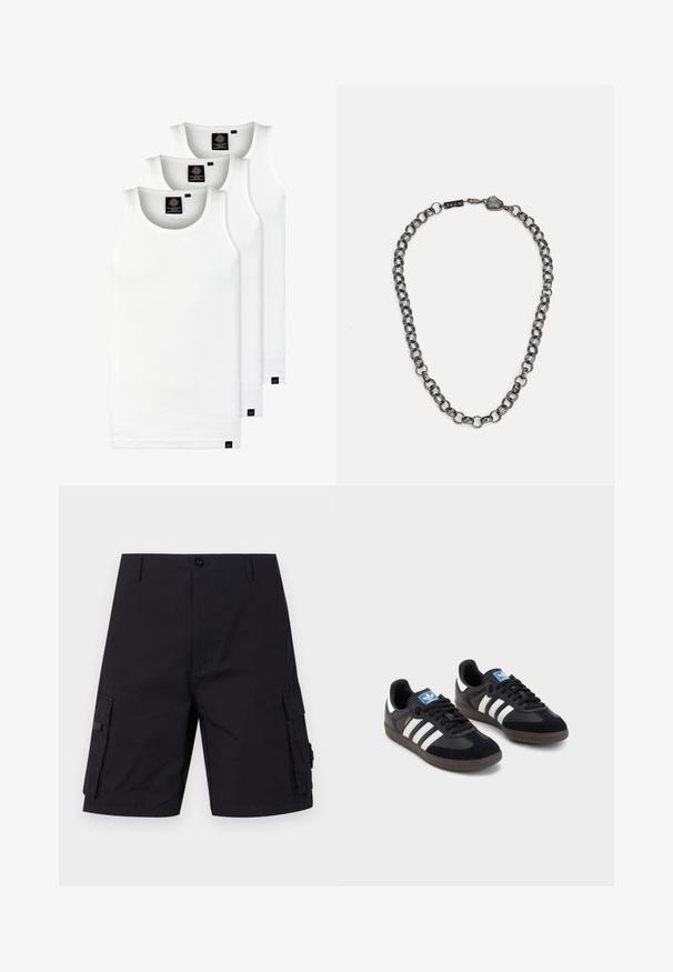 Drei weiße, gerippte Tanktops aus Baumwolle. Merkmale einen Rundhalsausschnitt und kleine schwarze Etiketten am Saum. In mehreren Größen erhältlich.; Schwarze Cargoshorts mit geradem Schnitt, aus strapazierfähigem Gewebe. Verfügt über zwei Seitentaschen und einen Knopfverschluss.; Schwarze Sneaker mit einem Obermaterial aus Wildleder und Synthetik, ausgestattet mit drei weißen Streifen, einer strukturierten Gummi-Sohle und einem blauen Logo-Tag auf der Zunge.; Metallkettengesicht mit verlängerten Gliedern in einer dunklen Graphitfarbe. Enthält ein geometrisches Akzent- und Verschlussdetail mit Markenlogo.
