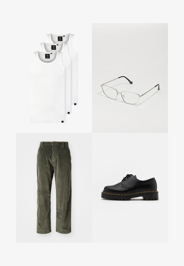 Kolme valkoista ribbitekstiilistä toppia, jotka on valmistettu puuvillasta. Ominaisuuksiin kuuluu pyöreä pääntie ja pieni musta etiketti helman lähellä. Saatavilla useissa kooissa.; Vihreät sametihousut pystyribbeillä, joissa on napilla kiinnitys ja suora lahjesuunnittelu. Pehmeä rakenne klassisella istuvuudella.; Musta nahkainen nauhakenkä, jossa on pyöreä kärki, kuvioitu kumipohja ja keltaiset tikit ympäri pohjaa. Litteä muotoilu ja sileä pinta.; Metalliset silmälasit, joissa on ohut hopeanvärinen runko, kulmikkaat linssit, kirkas lasi ja mustat kumikoristeet temppeleiden päissä. Kevyt ja minimalistinen muotoilu.