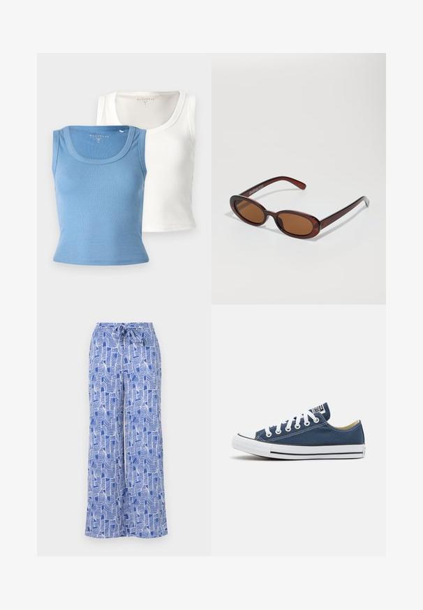 Két csíkozott atlétatrikó: az egyik világoskék, a másik fehér. Mindkettő kerek nyakkivágással és testhezálló fazonnal rendelkezik, hangsúlyozva a szövet textúráját.; Kék mintás, bőszárú nadrág, húzózsinórral, könnyű anyagból készült, fehér absztrakt vonalformákkal.; Sötétkék vászon sneaker fehér fűzőlyukakkal és fűzőkkel, fehérgumis orral és fekete csíkkal a talpon.; Kerek, barna árnyalatú napszemüveg fényes burgundi kerettel. Karcsú karok diszkrét márkázással. Lapos lencse kialakítás.