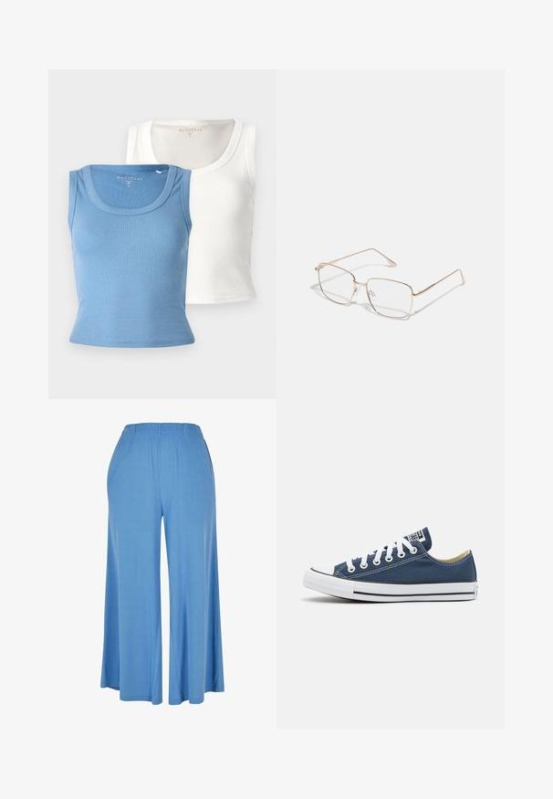 To ribbet tanktopper: en lys blå og en hvit. Hver av dem har en rund halslinje og en tilpasset silhuett som fremhever stoffets tekstur.; Lyseblå vide bukser laget av mykt stoff, med elastisk midjebånd og en løs passform som strekker seg til midt på leggen.; Lette sneakers i marineblått med hvite øyer og lisser, med en hvit gummitåhette og en svart stripe langs sålen.; Rektangulære briller med tynne, roségullfargede metallrammer. Linsene er klare, og stengene er slanke med en subtil hengseldetalj.
