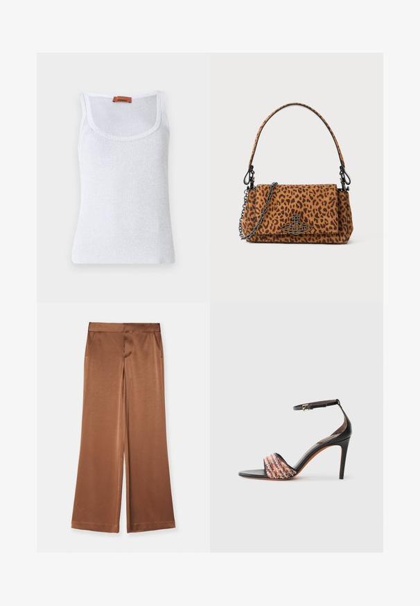Valge ribatud top ringvaagna küljeosaga, millel on õhuke tekstuur ning nahklabel õlavarre lähedal.; Pruunid laiad püksid satiinist, millel on küljetaskud, sile tekstuur ja kohandatud vöökoht struktureeritud istuvuse saavutamiseks.; Mustad mustakontsaga sandaal, millel on pahkluu rihm. Esitakse tekstureeritud, mitmevärvilise kangasnööriga varba kohal. Ümarda nahkviimistlus.; Leopardimustriga nahkese käekott, mis on valmistatud suede'ist, lühikese käepideme ja ahelahaga. Ristkülikukujuline kuju flapi sulgemisega.
