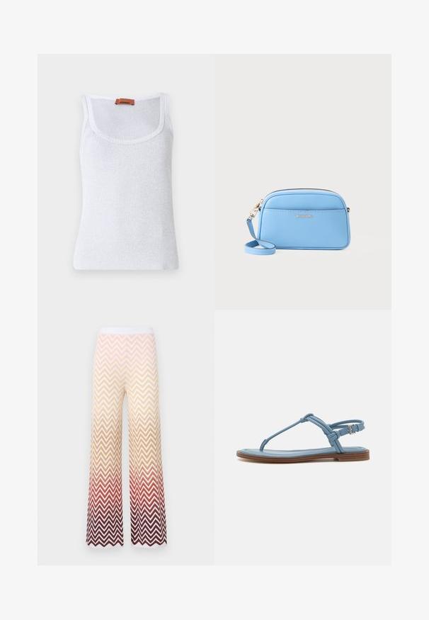 Vit ribbad linne med rund halsringning, med en tunn struktur och en läderetikett nära axeln.; Vidbenade stickade byxor med ett zigzag chevron-mönster som övergår från krämfärg till orange och djupröd, med ett vitt elastiskt midjeband.; Blå lädersandal med flat sula, som har en smal remdesign och en spänneknäppning vid vristen för en säker passform.; Ljusblå lädercrossbodyväska med guldtonade detaljer, dragkedjestängning och en framficka. Försedd med en justerbar rem för bekvämlighet.