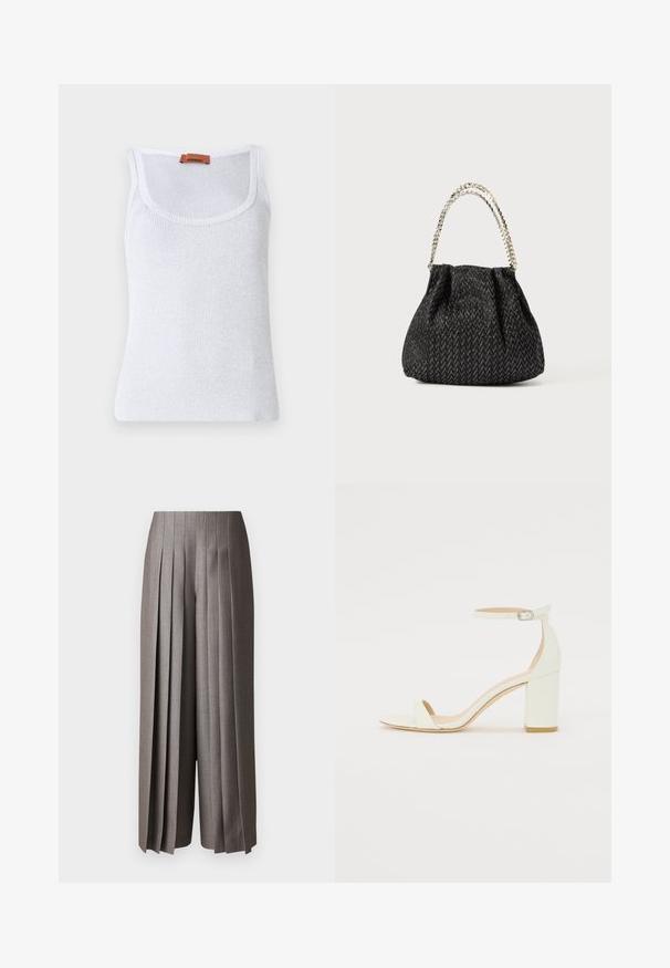 Top de tirantes blanco con relieve y cuello redondo, que presenta una textura fina y una etiqueta de cuero cerca del hombro.; Pantalones de pierna ancha gris con pliegues verticales, diseño ajustado y textura suave. Presentan una cintura alta y un corte holgado.; Sandalía de tacón bloque blanca de piel, con una correa en el tobillo que presenta una hebilla y un diseño minimalista. Punta abierta y texturas suaves en toda la superficie.; Bolso de mano negro texturizado con un patrón de espiga, diseño arrugado y un asa de cadena metálica. La tela suave ofrece una apariencia elegante.