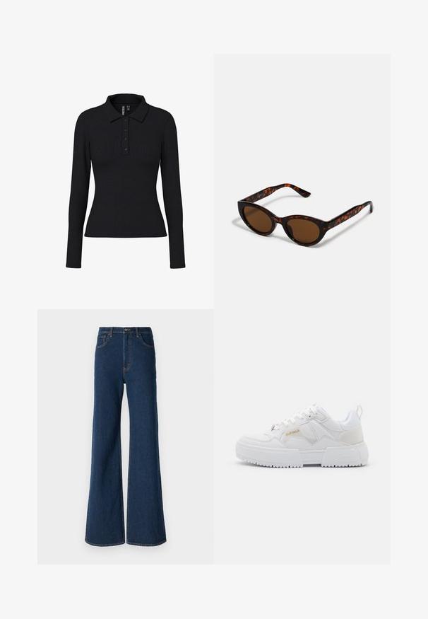 Μαύρο ριμπ γιλέκο με μακριά μανίκια που διαθέτει γιακά, τρία κουμπιά και εφαρμοστή σιλουέτα. Ελαστικό ύφασμα με ελαφριά υφή.; Abercrombie & Fitch Τζιν χαλαρής εφαρμογής - rinse; Λευκά αθλητικά παπούτσια με χοντρή σχεδίαση, κατασκευασμένα από δέρμα και συνθετικά υλικά, με υφή, κορδόνια και ένα έντονο λογότυπο σε χρυσό.; Καφέ γυαλιά ηλίου σε σχήμα vintage cat-eye με καφέ φακούς. Διαθέτουν καμπύλες κροταφίδες με κόκκινες λεπτομέρειες.; Μαύρη τσάντα hobo από λεία υλικό που μοιάζει με δέρμα με στροβιλιστή λαβή, διαθέτοντας μαλακή, στρογγυλή μορφή και κλείσιμο με φερμουάρ στο επάνω μέρος.; Χρυσά σκουλαρίκια κρίκοι με ομαλή, γυαλιστερή επιφάνεια. Κυκλικός σχεδιασμός που διαθέτει μια μικρή βάση και διαφανή στήριξη για ασφαλή χρήση.