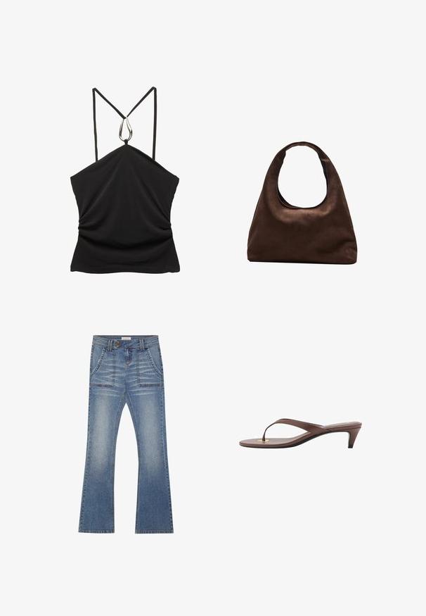Čierny bezramienkový top s výstrihom do V a tenkými ramienkami, zdobený strieborným slzičkovým akcentom na výstrihu a s nabrúsenou textúrou na prednej strane.; Even&Odd Zvonové džínsy - blue denim; Hnedá platformová žabková sandála s úzkym remienkom a zaobleným prstom, s malým zlatým akcentom na podrážke.; Svetlohnedá kabelka v štýle hobo s jedným širokým popruhom a zakriveným otváraním na vrchu, vystavená na bielom pozadí.