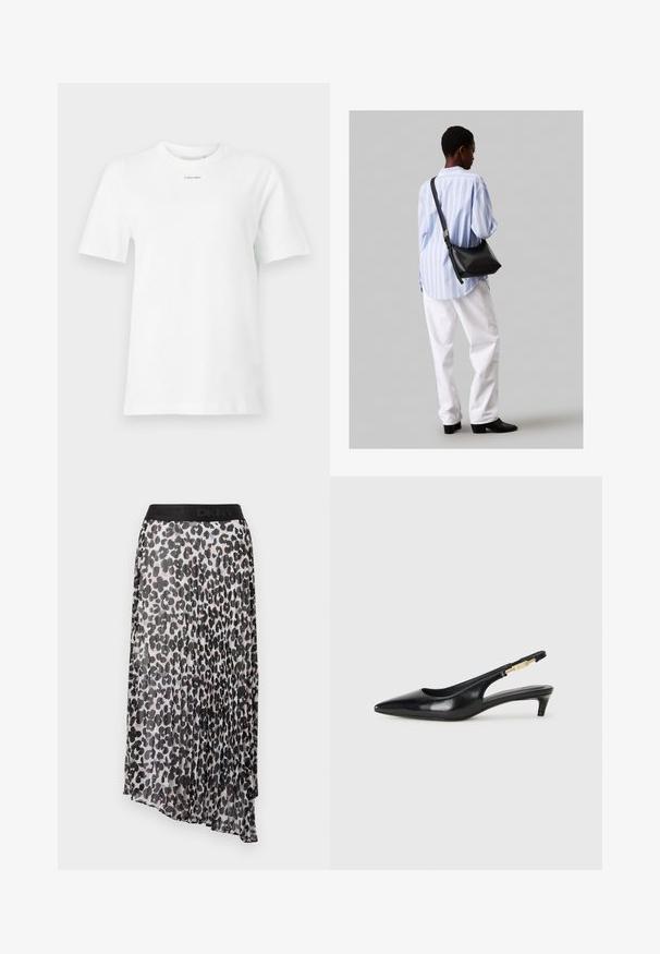 Tricou alb din bumbac cu guler rotund, mâneci scurte și un mic logo negru "Calvin Klein" pe piept. Design simplu, fără modele.; Fustă midi plisată cu imprimeu leopard negru și bej, având un talie elastică neagră cu logo-ul DKNY. Material ușor, semi-transparent.; Sandale slingback din piele neagră cu vârf ascuțit, având un toc subțire și un accent de culoare aurie pe curea ajustabilă. Textură netedă.; Geantă de umăr din piele neagră cu o textură moale, formă triunghiulară și curea ajustabilă, asortată cu o bluză cu dungi albastre deschise și pantaloni albi.