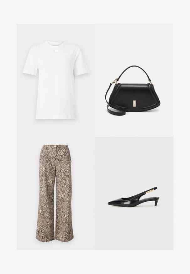 Hvit bomull t-skjorte med rund hals, korte ermer og en liten svart "Calvin Klein" logo på brystet. Enkel design, ingen mønstre.; Löveprente vide bukser i tan og brune nuancer lavet af blødt stof, med sidelommer og knaplukning i taljen.; Sorte lærreim hæler med spiss tå, som har en slank hæl og en gullfarget detalj på den justerbare stroppen. Glatt tekstur.; Sort lærveske med en strukturert design, som har en avkortet form, topphåndtak og detaljer i gull. Justerbar skulderstropp inkludert.