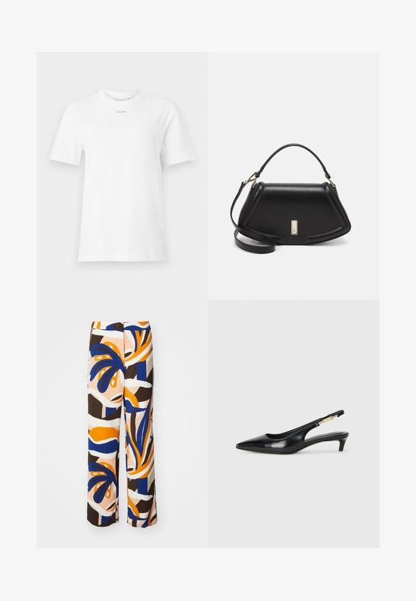 Valge puuvillane t-särk, millel on ümar kaelus, lühikesed varrukad ja rinnal väike must "Calvin Klein" logo. Lihtne disain, ilma mustriteta.; Laiad püksid mitmevärvilises mustris, kus on sinise, oranži ja pruunide toone. Valmistatud kergest kangast, millel on abstraktsed lillemustrid.; Mustad nahast slingback kontsad terava ninaga, millel on õhuke konts ja kuldse tooni aktsent reguleeritaval rihmal. Sile tekstuur.; Must mustrist käekott, millel on struktureeritud disain, lühendatud kuju, ülemine käepide ja kuldne metallist detail. Reguleeritav õlalihm on kaasas.