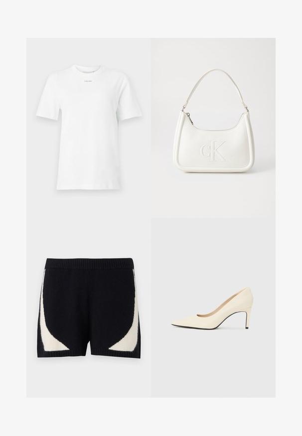 White cotton t-shirt features a round neck, short sleeves, and a small black "Calvin Klein" logo on the chest. Simple design, no patterns.; Knit shorts in black with contrasting cream geometric patterns on the sides. Features a ribbed waistband and soft texture.; White leather high-heeled pump with a pointed toe, smooth texture, and black sole accent. Classic design with a moderate heel height.; White leather handbag with a curved shape, featuring an embossed "CK" logo on the front and a single shoulder strap. Zipper closure at top.