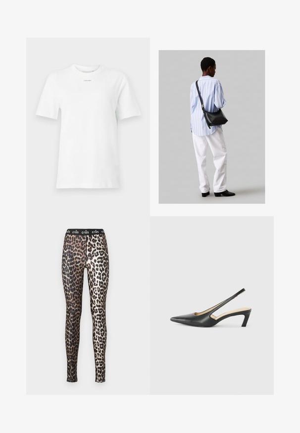 Biely bavlnený tričko má okrúhly výstrih, krátke rukávy a malú čiernu značku "Calvin Klein" na hrudi. Jednoduchý dizajn, bez vzorov.; Legíny s leopardím vzorom, ktoré majú čierny elastický pás s textom "crâs", vyrobené z lesklého a hladkého materiálu.; Čierne slingback topánky s ostrou špičkou a nízkym opätkom, vyrobené z hladkej kože a s výrezmi na boku pre lepšiu priedušnosť.; Čierna kožená ramenná taška so mäkkou textúrou, trojuholníkovým tvarom a nastaviteľným popruhom, skombinovaná s svetlomodrou pruhovanou košeľou a bielymi nohavicami.
