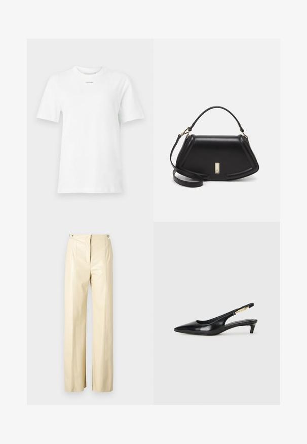 Hvit bomull t-skjorte med rund hals, korte ermer og en liten svart "Calvin Klein" logo på brystet. Enkel design, ingen mønstre.; Vide ben bukser i beige imiteret læder, med flad front, to sidelommer og høj talje med en diskret bælte detalje.; Sorte lærreim hæler med spiss tå, som har en slank hæl og en gullfarget detalj på den justerbare stroppen. Glatt tekstur.; Sort lærveske med en strukturert design, som har en avkortet form, topphåndtak og detaljer i gull. Justerbar skulderstropp inkludert.