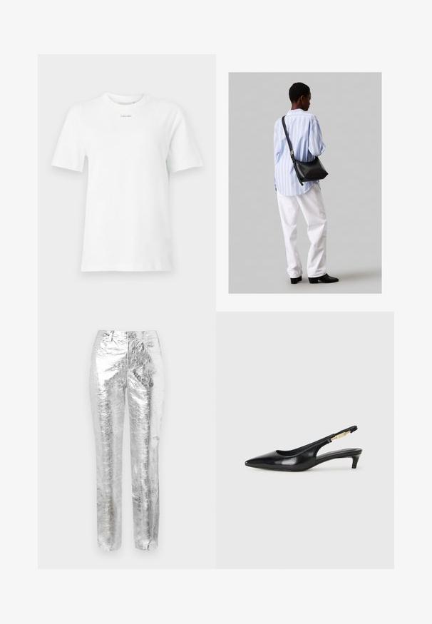 Biała bawełniana koszulka z okrągłym dekoltem, krótkimi rękawami i małym czarnym logo "Calvin Klein" na piersi. Prosty design, bez wzorów.; Srebrne, metaliczne spodnie o marszczonej teksturze. Prosty krój nogawki, kieszenie z przodu oraz zamek błyskawiczny. Gładka i refleksyjna powierzchnia.; Czarne skórzane szpilki typu slingback z ostrym noskiem, posiadające smukły obcas i złoty akcent na regulowanym pasku. Gładka tekstura.; Czarna skórzana torba na ramię o miękkiej fakturze, w kształcie trójkąta, z regulowanym paskiem, połączona z jasnoniebieską koszulą w paski i białymi spodniami.