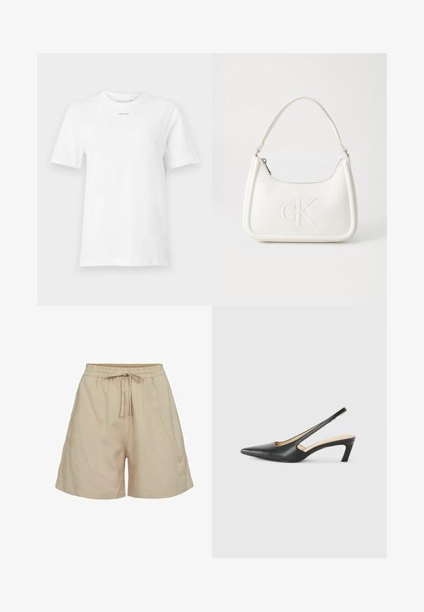 Weißes Baumwoll-T-Shirt mit Rundhalsausschnitt, kurzen Ärmeln und einem kleinen schwarzen "Calvin Klein"-Logo auf der Brust. Schlichtes Design, keine Muster.; Beige, leichte Stoffhosen mit elastischem Bund und Kordelzug. Sie haben eine lockere Passform und seitliche Taschen. Glatte Textur.; Schwarzer spitz zulaufender Slingback-Schuh mit niedrigem Absatz, der aus glattem Leder gefertigt ist und seitliche Ausschnitte für Atmungsaktivität aufweist.; Weiße Lederhandtasche mit abgerundeter Form, ausgestattet mit einem geprägten "CK"-Logo auf der Vorderseite und einem Einzel-Schultergurt. Reißverschluss oben.