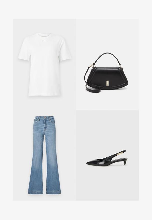 Tricou alb din bumbac cu guler rotund, mâneci scurte și un mic logo negru "Calvin Klein" pe piept. Design simplu, fără modele.; Blugi evazați de culoare albastru deschis, din denim, cu talie înaltă, buzunare frontale și o margine ușor decolorată pentru un aspect texturat.; Sandale slingback din piele neagră cu vârf ascuțit, având un toc subțire și un accent de culoare aurie pe curea ajustabilă. Textură netedă.; Geantă de umăr din piele neagră, cu un design structurat, având o formă tăiată, mânere superioare și accente din aur. Include o curea de umăr ajustabilă.