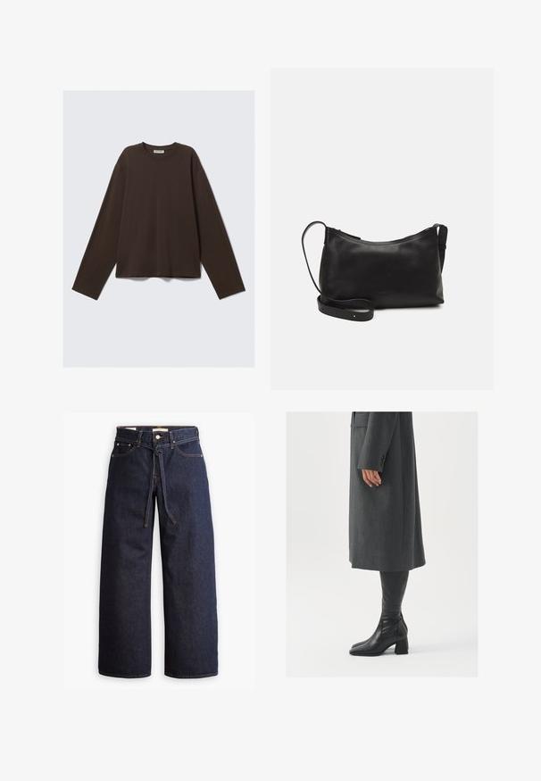 Cămașă lungă cu mâneci, de culoare maro, dintr-un material moale, cu guler rotund și croi lejer, având un design simplu, fără modele sau detalii suplimentare.; Blugi din denim cu talie înaltă, de culoare albastru închis, cu picior larg, dotati cu şnur pentru ajustare, cinci buzunare şi detalii de cusătură în contrast.; Palton gri, croit cu un croi drept; asortat cu cizme din piele neagră, până la genunchi, cu vârf pătrat și toc chunky.; Geantă de umăr din piele neagră, cu o textură netedă, formă curbată, curea ajustabilă și închidere cu fermoar. Design minimalist, fără embellishments.