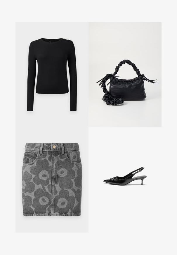 Svart langermet ribbestrikket topp med rund hals og tre dekorative knapper på venstre skulder, vist mot en ensfarget bakgrunn.; Grå denimskjørt med svart blomstermønster. Har to frontlommer, knappelukking og rett snitt.; Sorte skinnert remsandaler med spiss tå, liten kittenhæl og en dekorativ knute detalj foran. Glatt tekstur gjennom hele.; Svart faux skinn-håndveske med krokodilletekstur, strammet topp og en rynket stropp. Ser myk og kompakt ut i designen.