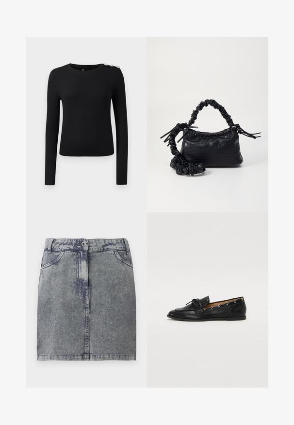 Bluză neagră cu mâneci lungi, din material cu model rib, decolteu rotund și trei nasturi decorativi pe umărul stâng, expusă pe un fundal simplu.; Fustă mini din denim gri, cu un aspect decolorat, având buzunare frontale, închidere cu nasture și un tiv drept. Material texturat.; Mocasini din piele neagră cu fundiță legată, având accente aurii sub formă de ochiuri pe laterale și o talpă plată din cauciuc. Textură netedă, design clasic.; Geantă din faux leather neagră cu textură de crocodil, cu partea superioară strânsă și o curea mototolită. Pare moale și compactă ca design.