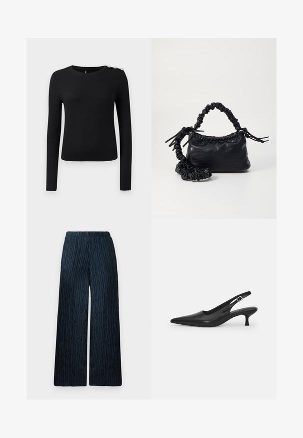 Zwarte lange mouw geribbelde top met ronde halslijn en drie decoratieve knopen op de linker schouder, weergegeven op een effen achtergrond.; Wijdvallende broek in donkerblauw met een gestructureerde, gekreukte stof. Voorzien van een elastische tailleband voor comfort en een gladde afwerking.; Zwarte leren slingback schoen met een puntige neus en een slanke, gebogen hak. Voorzien van een discrete verstelbare band met een metalen gesp.; Zwarte nepleer handtas met een krokodillenstructuur, opgedroogde bovenkant en een gekreukte hengsel. Het lijkt zacht en compact van ontwerp.