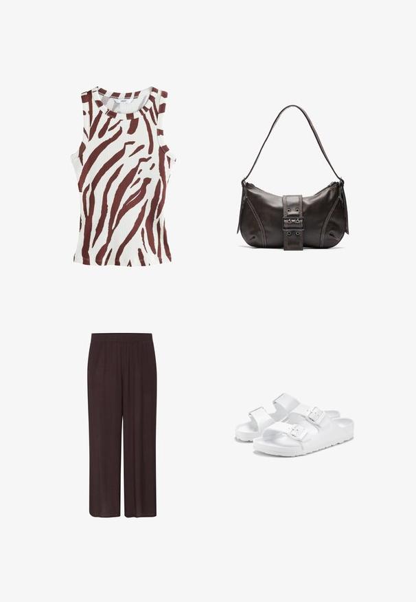 Ribbed tank top in cream with bold brown zebra stripes. Round neckline and sleeveless design. Features a slim fit and stitched hem.; Dark brown wide-leg pants featuring a textured fabric, an elastic waistband, and a relaxed silhouette with no visible patterns or accents.; White sandals with two adjustable straps, featuring a textured upper and smooth rubber sole. Minimalist design and secure buckles.; Brown leather shoulder bag with a curved shape, featuring a prominent buckle detail, contrasting stitching, and a single shoulder strap.