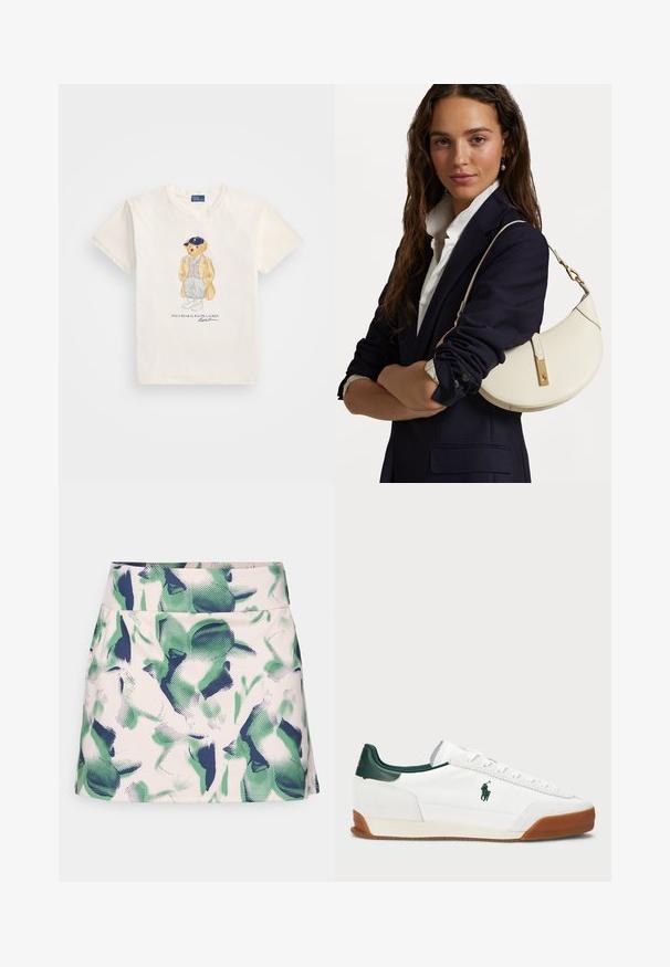 Krämfärgad bomull t-shirt med en grafisk illustration av en björn i jacka och keps, med text under som säger "POLO BEAR av RALPH LAUREN."; Kjol med rosa bas och gröna och marinblå blommönster, tillverkad av ett mjukt tyg, med en figurnära midja och en rak siluett.; Vita sneakers med gröna läderdetaljer och en tan-färgad gummisula. Har en tygkropp och en framträdande logotyp på sidan. Snördesign.; Vit läderhandväska med en böjd form, gyllene detaljer och en texturerad yta, bärs över en mörk blazer och vit skjorta.