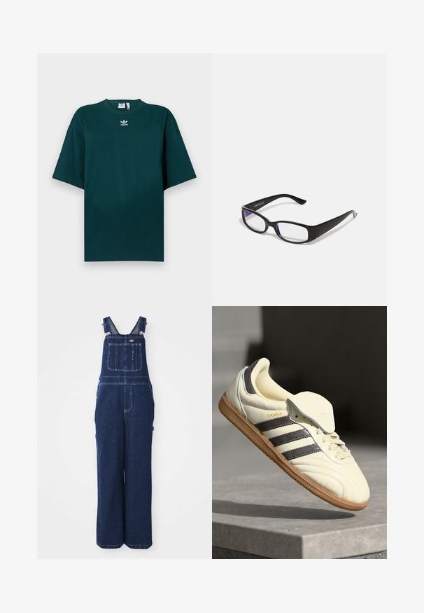 T-shirt de algodão oversize verde escuro com mangas curtas e decote redondo, com o logótipo da Adidas em branco no peito.; Mala de ganga em azul escuro, com alças ajustáveis, bolso no peito, bolsos laterais e um corte largo e solto. Detalhes de costura clássica.; Sneaker de couro creme com três riscas escuras, sola de borracha castanha e bico arredondado. Apresenta uma língua dobrável rotulada como "SAMBA."; Óculos retangulares pretos com lentes transparentes. Acabamento brilhante, hastes estreitas e um tom roxo visível nas bordas das lentes.