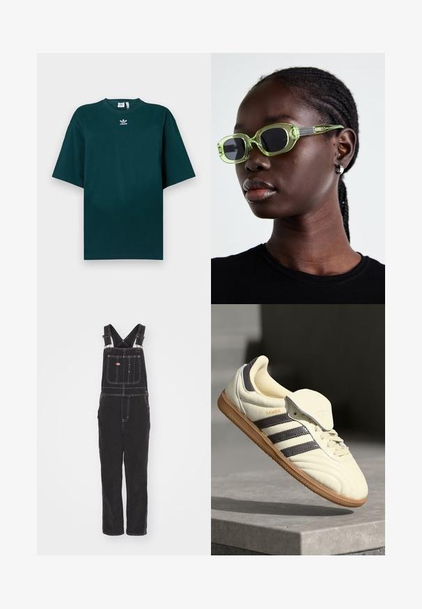 Tricou supradimensionat verde închis din bumbac, cu mâneci scurte și decolteu rotund, având un logo Adidas alb pe piept.; Salopete negre din bumbac cu bretele în cruce, buzunar frontal și accente de cusături albe. Design cu picioare drepte și o potrivire lejeră.; Sneakers din piele crem cu trei dungi întunecate, o talpă din cauciuc de culoare maronie și un vârf rotunjit. Dispune de o limbă pliabilă etichetată "SAMBA."; Ochelari de soare cu tentă verde, cu o ramă subțire și rectangulară și lentile întunecate; brațe gri texturate cu branding. Piele netedă și o cămașă neagră.