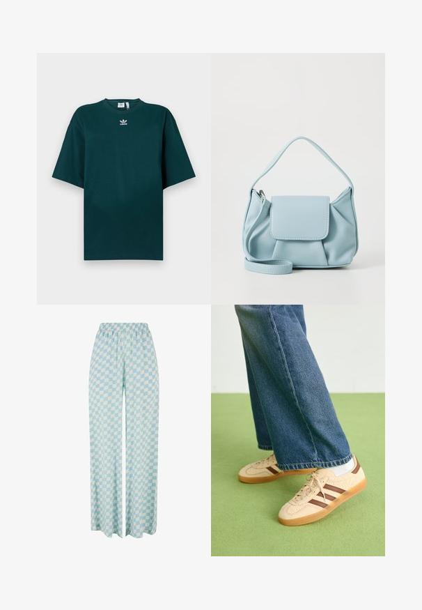 Donkergroen oversized katoenen T-shirt met korte mouwen en een ronde hals, voorzien van een wit Adidas-logo op de borst.; Lichtblauwe wijde broek met een geruit patroon in afwisselende tinten, met een elastische tailleband voor comfort.; Beige sneakers met gestructureerde crèmekleurige panelen en bruine strepen, gecombineerd met blauwe denim jeans. De jeans hebben een brede pijp en een rafelige zoom.; Lichtblauwe leren handtas met een bovenhandvat, een voorklepzak en een afneembare polsband op een witte achtergrond.