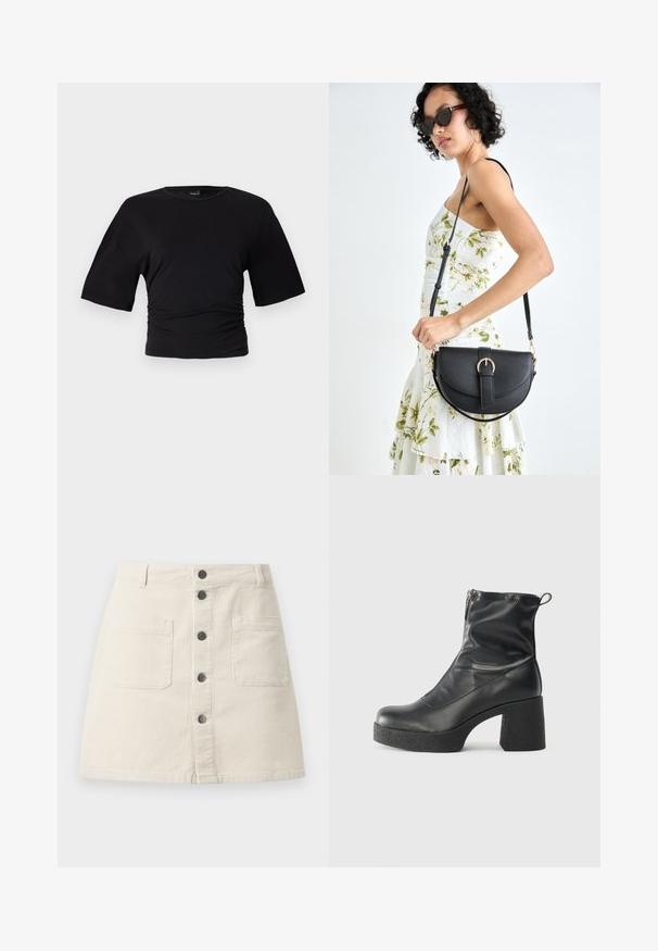 Gina Tricot SOFT TOUCH RUCHED TEE - Osnovna majica kratkih rukava - black; Bež mini suknja od kordura s prednjim kopčanjem na dugmad, dva velika proširena džepa i petlje za remen na struku.; Crne gležnjače od glatke kože, s bočnim zatvaračem, debelim teksturiranim potplatom i dizajnom s zaobljenim prstima.; Crna kožna torba s lukovitim oblikom, odvojivim remenom i zlatnim detaljima. Torba ima preklop s kopčom.