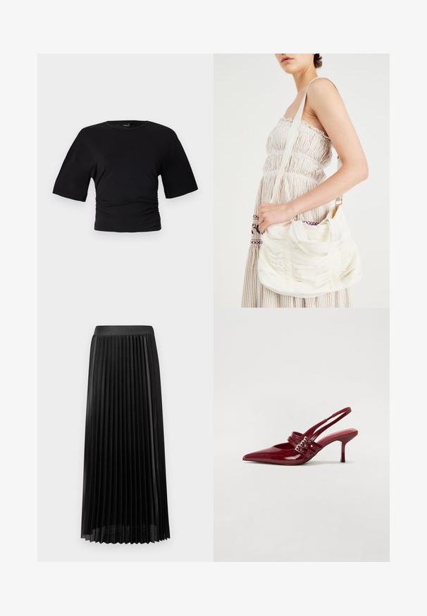 Gina Tricot SOFT TOUCH RUCHED TEE - T-shirt básica - black; Saia preta plissada com uma cinta suave, feita de tecido leve. Apresenta pregas verticais nítidas e um design até ao meio da panturrilha.; Sapatos de salto slingback em verniz vermelho, com bico fino, duas tiras com fivela e um salto stiletto fino de altura média. Textura suave.; Bolsa de ombro em tecido branco com textura franzida, alça ajustável e acabamentos em prateado. Exposta ao lado de um vestido creme.