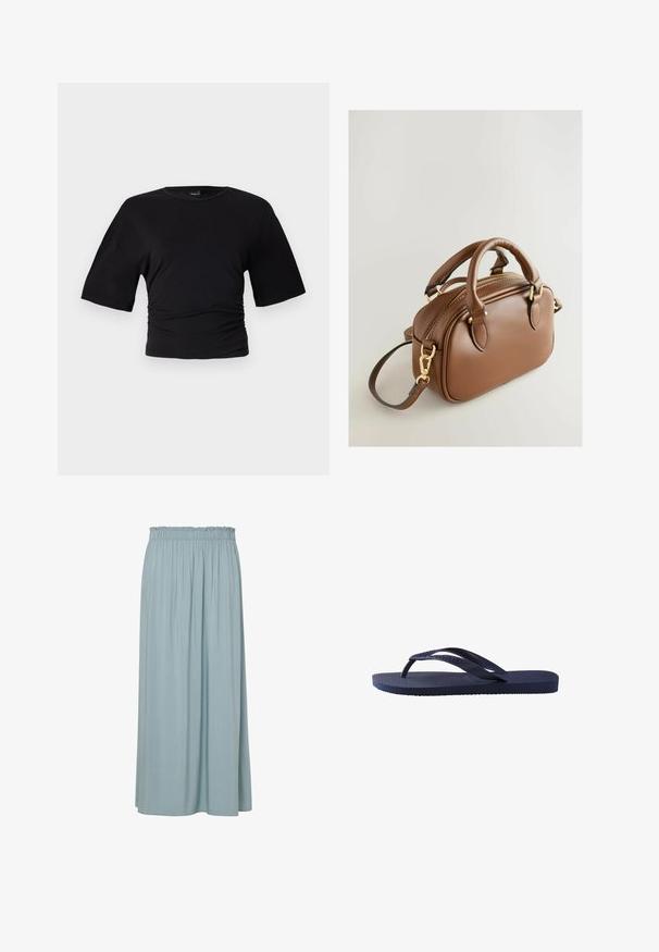 Gina Tricot SOFT TOUCH RUCHED TEE - Lihtne T-särk - black; Heled sinine maksiseelik, millel on kogutud elastne vöökoht, valmistatud pehmest kangast ja vertikaalsete voldikute tõttu tekstuurse ja voolava ilmega.; Tumesinise sinise värviga plätud, millel on tekstuuriga kummiribad ja tallaosa, ribakujuline jalatugi ning laineline muster ribadel.; Next BOWLER CHARM - Käekott - tan brown; Kuldne kaelakee, millel on omavahel seotud lingid ja poleeritud südamekujuline ripats ning lukustusklamber. Silik tekstuur ja läikiv viimistlus.