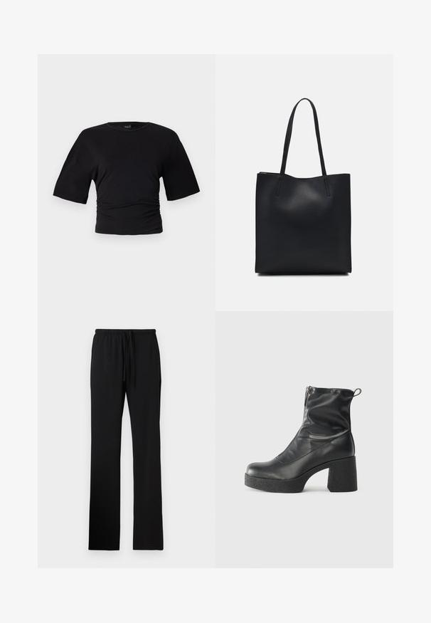 Gina Tricot SOFT TOUCH RUCHED TEE - Paprasti marškinėliai - black; Juodos sportinės kelnės su laisvu siluetu, pagamintos iš minkštos medžiagos, su elastinga juosta ir raišteliu, be matomų kišenių.; Juodos kulkšninių botai, pagaminti iš lygaus odos, su šoniniu užtrauktuku, masyviu tekstūruotu kulnu ir apvaliu pirštu.; Juodas odinis tote krepšys su lygia tekstūra, stačiakampio formos ir dviem ilgais rankenomis. Matomų metalinių detalių ar puošybos nėra.