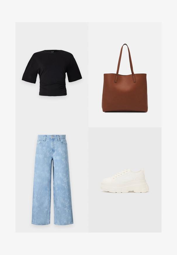 Gina Tricot SOFT TOUCH RUCHED TEE - T-shirt basic - black; Lichtblauwe wijde jeans met een vervaagd bloemenpatroon, vijf zakken en een knoopsluiting in de taille. Denim stof met een lichte textuur.; Witte canvas sneaker met een stevige zool, ronde neus en vijf gaatjes voor veters. Achterste tab voor gemakkelijk aan- en uittrekken. Vloeibare textuur, minimalistisch ontwerp.; Bruine leren tote bag met een gladde textuur, een ontwerp met een open bovenkant en twee schouderbanden. Kenmerkt zich door minimale stiksels en geen zichtbare hardware.