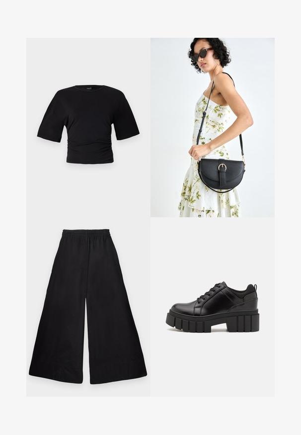 Gina Tricot SOFT TOUCH RUCHED TEE - T-shirt - bas - black; Svarta vida byxor i ett mjukt, lätt material, med elastisk midja och en ren, minimalistisk design utan mönster.; Svarta läderplattformsskor med en kraftig blockklack, rund tå och traditionell snörningsdesign. Har en slät textur och minimal detaljering.; Svart läderhandväska med en böjd form, avtagbar rem och guldiga detaljer. Väskan har ett lock med en spänndetalj.