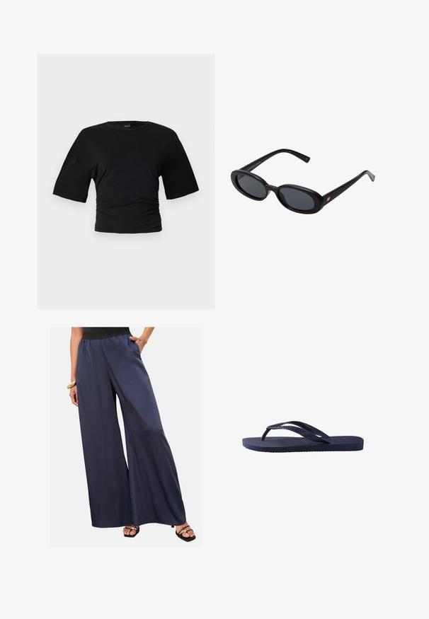 Gina Tricot SOFT TOUCH RUCHED TEE - T-shirt basic - black; Vrouw in marineblauwe, wijde broek met een zwarte elastieken tailleband, staand met één hand in de zak en zwarte open-teensandalen.; Navyblauwe flip-flops met een textuur op de rubberen banden en zool, met een golvend patroon op de banden en een vlakke, gegroefde zool.; Zwarte oversized zonnebril met ovale lenzen, een glad plastic montuur en gouden accenten op de pootjes. Donkere lenzen bieden bescherming tegen de zon.