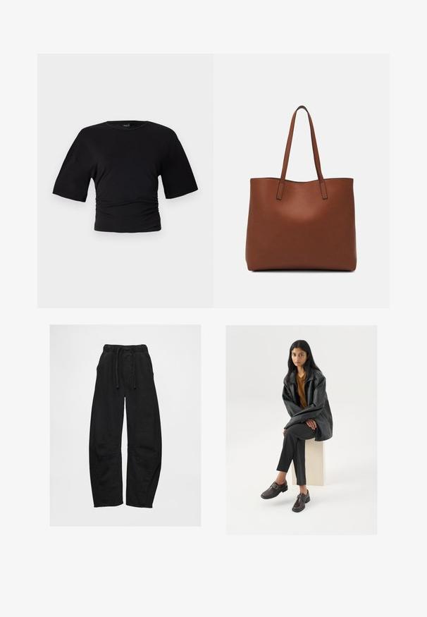 Gina Tricot SOFT TOUCH RUCHED TEE - Lihtne T-särk - black; Mustad, lõtva säärega teksapüksid, millel on elastne vöökoht ja pael, küljetaskud ning põlvete paneelide detailid.; Mustaläikest oversized nahkjakki, oranž topp, hallid kohandatud püksid ja pruuni vöödiga kingad, istub heleda värvusega ploki peal valge tausta ees.; Pruun nahast tote-kott, millel on sile tekstuur, avatud ülaosa disain ja kaks õlarihma. Omab minimaalset õmblust ja nähtavat riistvara ei ole.