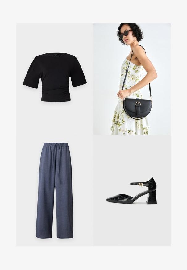 Gina Tricot SOFT TOUCH RUCHED TEE - Basic póló - black; Sötétkék, bővítetett szárú nadrág, textúrált anyagból, rugalmas derékkal és állítható húzózsinórral. Zsebek nem láthatók.; Fekete lakkbőr magassarkú cipő hegyes orral, bokapánttal és texturált krokodilmintával. Négyzet alakú blokk sarok kialakítás.; Fekete bőrtáska ívelt formával, levehető pánttal és arany színű fémrészekkel. A táskán egy csattal díszített fedél található.