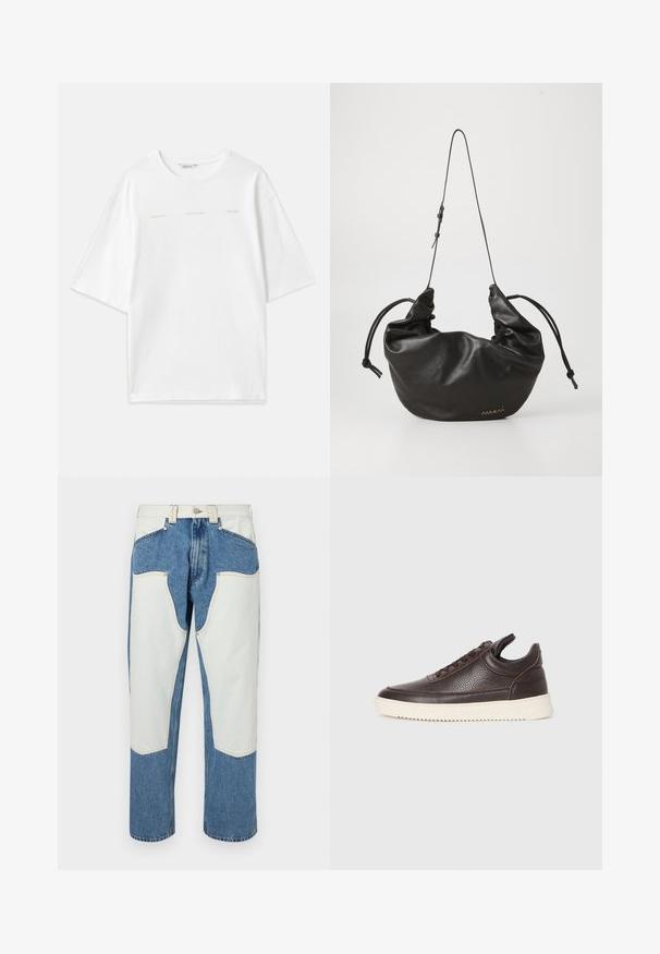 Camiseta de algodón blanca con diseño Oversize, cuello redondo, mangas cortas y acentos de texto impresos en beige claro. Textura suave.; Jeans de mezclilla en un color azul claro con parches contrastantes blancos y costuras beige. Diseño de pierna recta con cintura alta.; Zapatilla de cuero texturizado marrón oscuro con cordones en la parte frontal y suela de goma blanca con estrías sobre un fondo claro y liso.; Bolso de hombro de cuero negro suave con correa delgada ajustable, lados recogidos atados con nudos y pequeño logotipo dorado en la parte inferior derecha del frente.