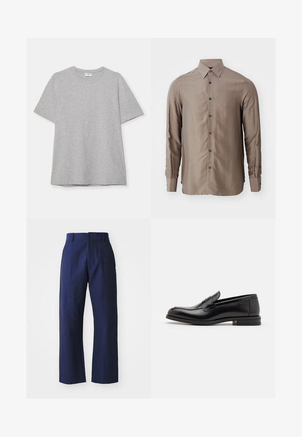 Gray short-sleeve T-shirt made from soft, textured fabric. Features a classic crew neck and a straight hem, suitable for casual wear.; Long-sleeve shirt in a taupe color, made of smooth fabric, featuring a button-up front and dark buttons, with a small logo on the chest.; Navy blue linen trousers with a loose fit, straight legs, front button closure, and subtle texture. Clean design, no embellishments.; Black leather loafers with a smooth texture, rounded toe, and a decorative strap across the vamp. Low stacked heel, minimalist design.