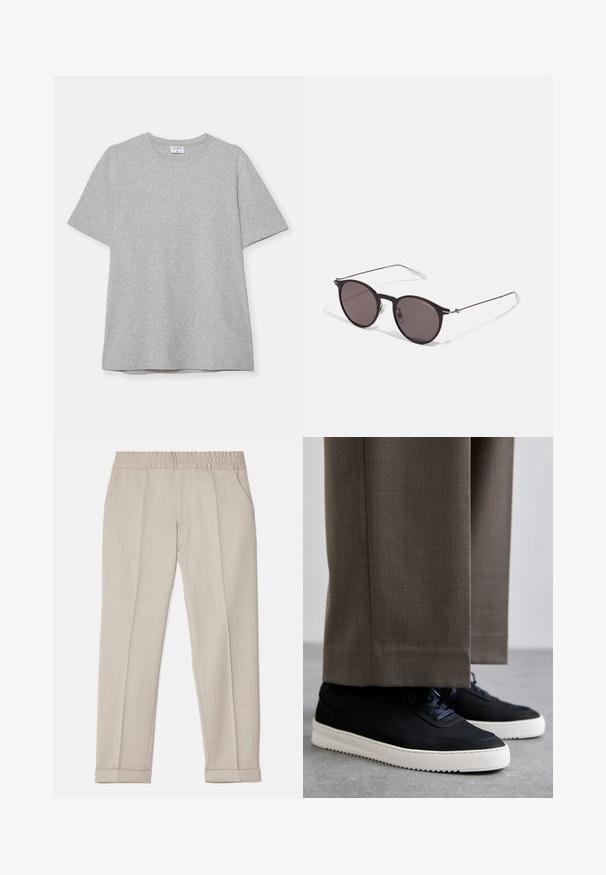 Pilkas trumpas rankovėmis marškinėliai, pagaminti iš minkštos, tekstūruotos medžiagos. Turi klasikinį apvalų kaklą ir tiesų apatinį kraštą, tinkamą kasdieniam dėvėjimui.; Filippa K TERRY CROPPED TROUSERS - Kelnės - sage melange; Juodi zomšiniai sportbačiai su baltais guminiais padais, su apvalia nosimi ir raišteliais, dėvimi su pilkais pritaikytais kelnais.; Juodos apvalios saulės akinių su tamsiais lęšiais ir plonomis metalinėmis šakomis. Įtraukti skaidrūs šventyklų galai ir sidabriniai akcentai vyrio srityje. Minimalistinis dizainas.