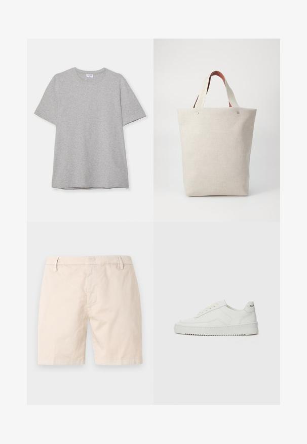 T-shirt grigio a maniche corte realizzato in morbido tessuto testurizzato. Presenta un classico colletto a girocollo e un orlo dritto, adatto per un abbigliamento casual.; Shorts beige in cotone con taglio dritto, chiusura con bottone, passanti per cintura e tasche laterali. Texture liscia e design semplice.; Sneaker in pelle bianca con una finitura liscia, punta rotonda, lacci piatti e suola testurizzata. Presenta un logo discreto sul tallone.; Borsa a tracolla in tessuto beige chiaro con finitura testurizzata, dotata di due manici in pelle marrone a contrasto e dettagli metallici nella parte superiore.