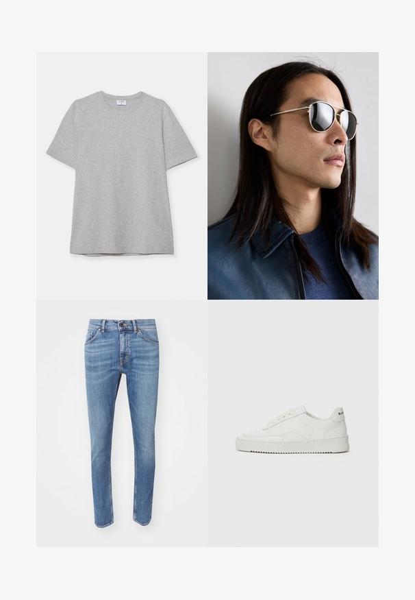 Siva kratka majica s kratkimi rokavi, narejena iz mehke, teksturirane tkanine. Ima klasičen okrogli ovratnik in ravno spodnjo rob, primerna za vsakdanje nošenje.; Modre kavbojke z ožjim krojem, petimi žepi in subtilnimi gubami. Imajo gumbno zapiranje in kontrastno šivanje.; Bela usnjena športna obutev z gladko površino, okroglo prst, ravne vezalke in teksturiran podplat. Ima diskretno logo na peti.; Kovinske sončne očala z odsevno lečo, ki imajo obliko avijatorja, srebrno številčnico in podrobnosti na vsaki strani. Oblečena so s svetlo modrim puloverjem in jakno.