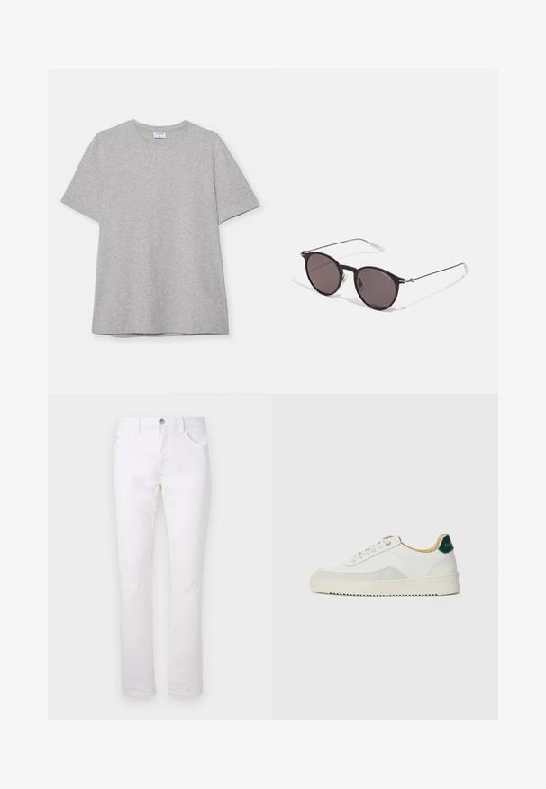 T-shirt cinza de mangas curtas feito de um tecido macio e texturizado. Possui um colarinho clássico redondo e uma bainha reta, adequado para uso casual.; Calças de ganga brancas com um design de perna reta, apresentando dois bolsos frontais, um bolso traseiro e um fecho com botão de metal na cintura.; Tênis brancos com detalhes em camurça, bico arredondado, atacadores planos e sola de borracha creme. Apresenta uma marcação verde no calcanhar.; Óculos de sol redondos pretos com lentes escuras e hastes metálicas finas. Inclui pontas de templo transparentes e detalhes em prata na dobradiça. Design minimalista.