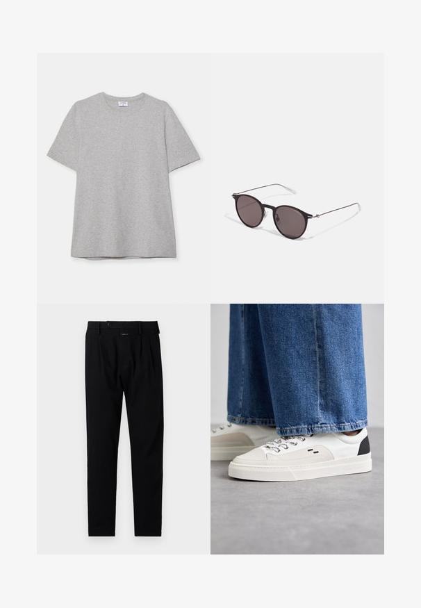 Harmaa lyhythihainen T-paita, joka on valmistettu pehmeästä ja teksturoidusta kankaasta. Varustettu klassisella pyöreällä pääntiellä ja suoraselkäisellä helman kanssa, sopii rentoon pukeutumiseen.; Mustat housut, joissa on muotoilu, litteä etuosa, yksittäiset laskokset ja nappikiinnitys. Valmistettu sileästä kankaasta, sopii viralliseen käyttöön.; Valkoiset ja mustat tennarit, joissa on sileä nahkapäällinen, tekstuuriakcentit ja paksu valkoinen pohja. Varustettu klassisella nauhakiinnityksellä.; Musta pyöreä aurinkolasit tummilla linsseillä ja kapeilla metallikehyksillä. Sisältää kirkkaat temppelet ja hopeiset yksityiskohdat saranassa. Minimalistinen muotoilu.