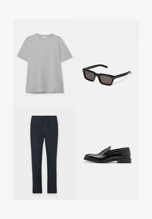 Pilkas trumpas rankovėmis marškinėliai, pagaminti iš minkštos, tekstūruotos medžiagos. Turi klasikinį apvalų kaklą ir tiesų apatinį kraštą, tinkamą kasdieniam dėvėjimui.; Tamsiai mėlyni lininiai kelnės su raišteliu juosmenyje, tiesaus kirpimo dizainu ir minimalia tekstūra. Nėra matomų raštų ar metalinių detalių.; Juodos odinės loafers, turinčios lygų paviršių, apvalią noselę ir dekoratyvinę juostą per priekinę dalį. Žemas krentantis kulnas, minimalistinis dizainas.; Juodos stačiakampės akinių nuo saulės su tamsiais objektyvais, storu plastiko rėmu, auksinėmis detalėmis ant šventyklų ir prekės ženklo logotipu išgraviruotu ant šono.